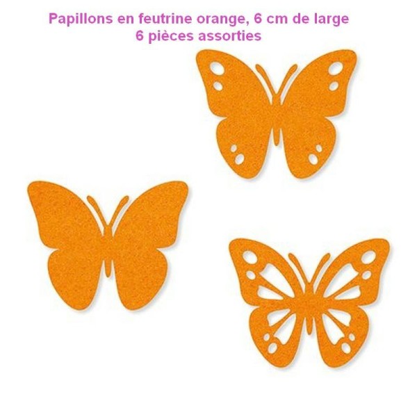 Papillons en feutrine Orange, 6cm de large et 5cm de haut, 6 pièces assorties - Photo n°1