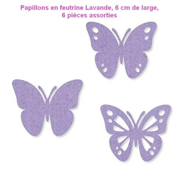 Papillons en feutrine Lavande, 6cm de large et 5cm de haut, 6 pièces assorties - Photo n°1