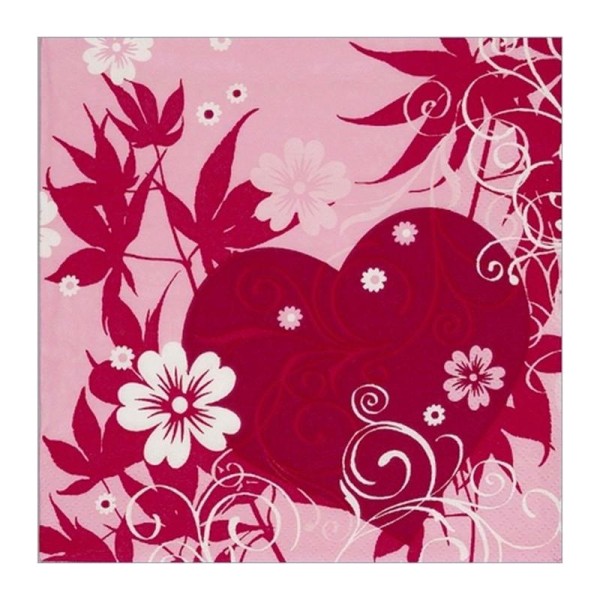 Lot 20 Serviettes en papier Coeur dans un cadre floral, 33 x 33 cm - Photo n°1