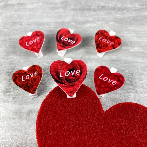 Lot de 6 petites pinces à linge en bois, 3,5 cm, coeur rouge et Love, st valentin - Photo n°2