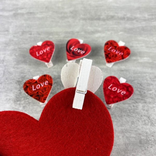 Lot de 6 petites pinces à linge en bois, 3,5 cm, coeur rouge et Love, st valentin - Photo n°3