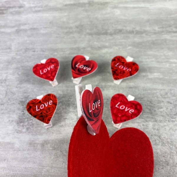 Lot de 6 petites pinces à linge en bois, 3,5 cm, coeur rouge et Love, st valentin - Photo n°4