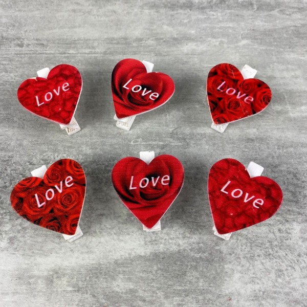 Lot de 6 petites pinces à linge en bois, 3,5 cm, coeur rouge et Love, st valentin - Photo n°1