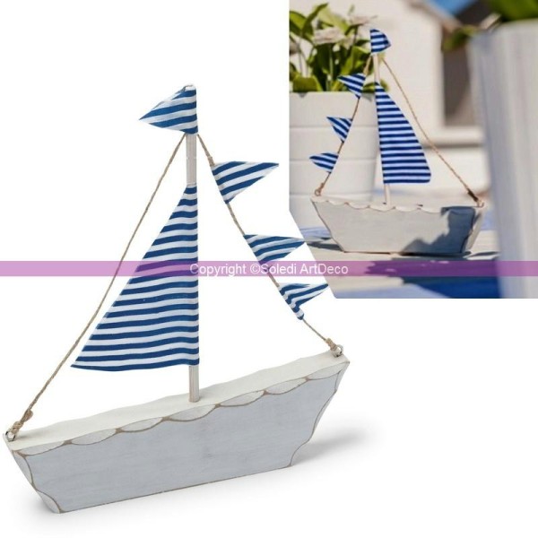 Bateau décoratif à voile en bois blanc et tissu Bleu marine, Voilier 18cm x 20cm - Photo n°1