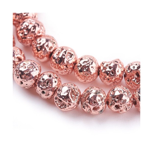 Fil de 44 perles rondes 8mm 8 mm en pierre de lave rose or métallisée teintée - Photo n°1
