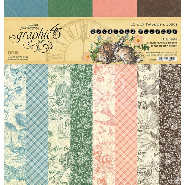 Papier scrapbooking Graphic 45 - Woodland Friends - 16 feuilles Patterns -30x30 - Photo n°1