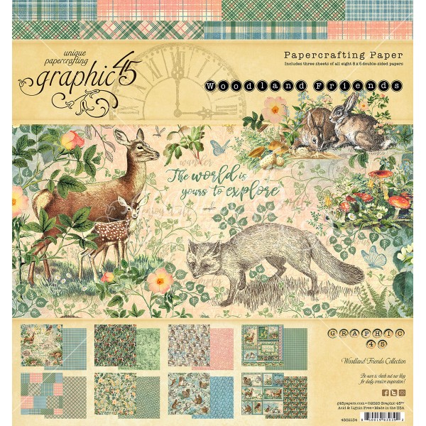 Papier scrapbooking Graphic 45 - Woodland Friends - 24 feuilles - 20x20 - Photo n°1