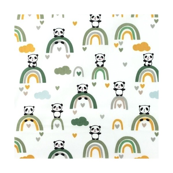 Popeline De Coton Motif Panda Ocre, Vert Sur Fond Écru Blanc - Vendu Au Mètre - Tissus Coton - Photo n°2