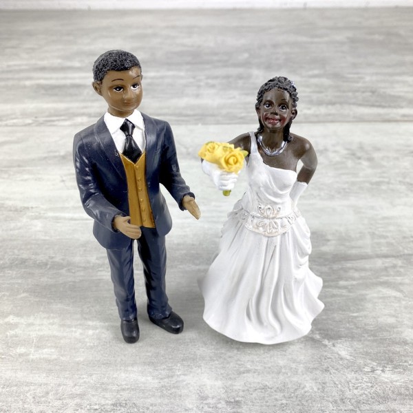 Couple de Mariés Noirs en Résine bouquet dans la main, 15 cm, figurines pièce montée et mariage - Photo n°3