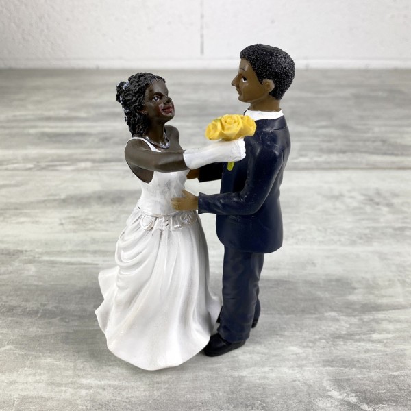 Couple de Mariés Noirs en Résine bouquet dans la main, 15 cm, figurines pièce montée et mariage - Photo n°1