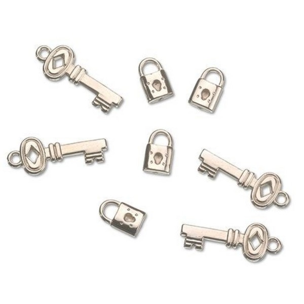Gros lot 16 clefs et 16 cadenas style moderne décoratifs en plastique argenté, à éparpiller, 20+35mm - Photo n°1