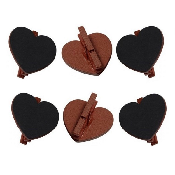 Gros Lot 20 Ardoises forme Coeurs sur pince en bois couleur Chocolat, 5x5,5 cm,  Marque-place mariag - Photo n°1