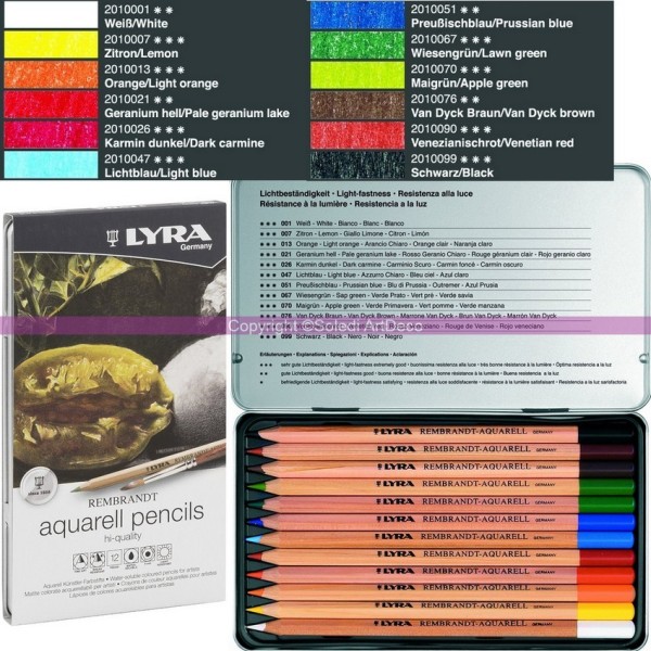 Lot de 12 Crayons de couleurs assortie Lyra Aquarell Pencils Rembrandt pour Artistes, boite en Métal - Photo n°2
