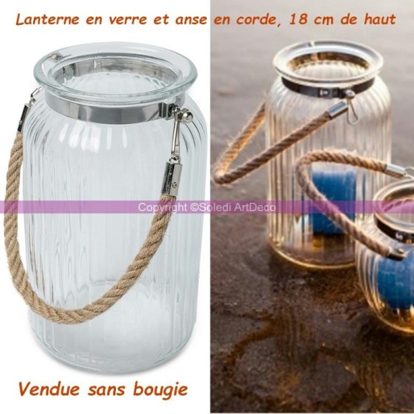 Lanterne en verre et anse en corde pour Bougie, Photophore 18 cm de haut, diam 13cm, pour exté - Photo n°1