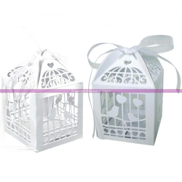 Lot de 20 Contenants dragées en carton blanc Cage à oiseaux, Hauteur 7,5cm - Photo n°1