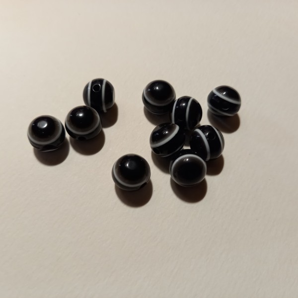 Dix perles à rayures rond  - Noir 1cm - Photo n°1
