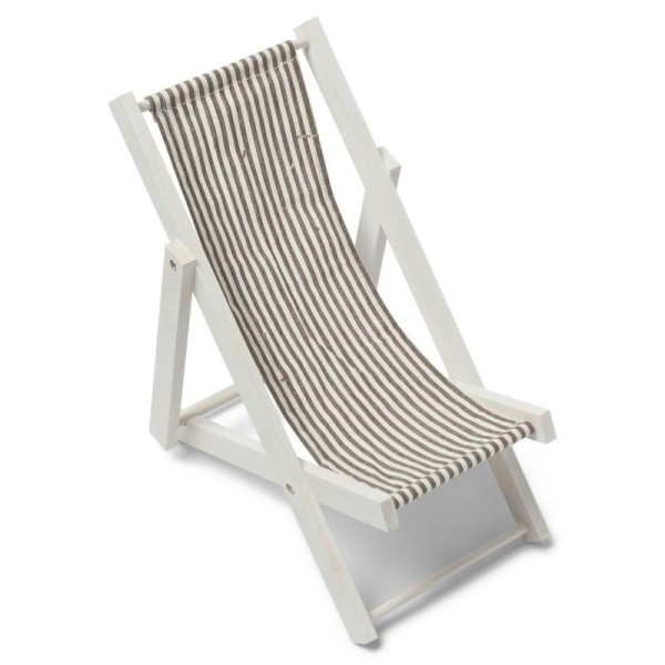 Grande Chaise longue en bois blanc, Transat décoratif en Tissu à rayures Taupe, 28 cm - Photo n°1