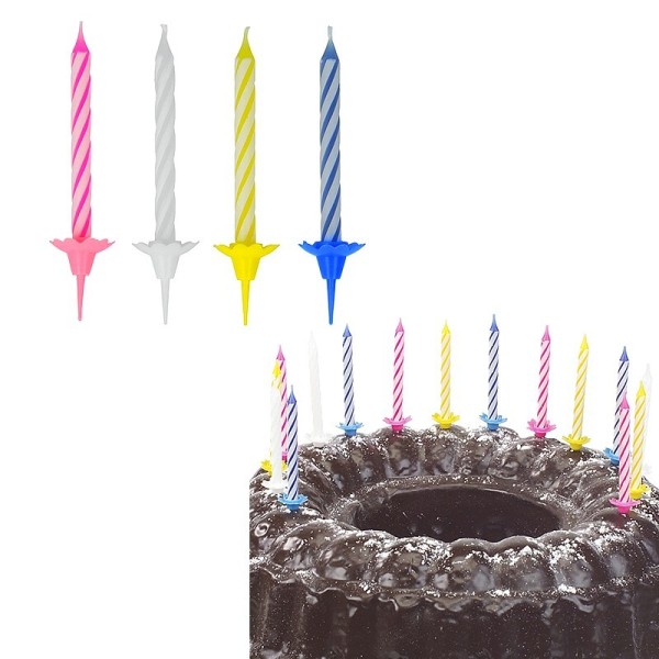 Lot de 24 bougies torsadées 4 couleurs Anniversaire pour gâteau de fête, haut. 6 cm et bobèches - Photo n°2