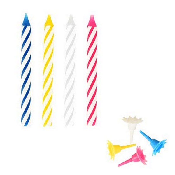 Lot de 24 bougies torsadées 4 couleurs Anniversaire pour gâteau de fête, haut. 6 cm et bobèches - Photo n°1