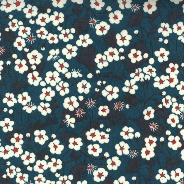 Tissu Liberty of london - mitsi - fleur blanc et bleu canard - coton - 10cm / laize - Photo n°1