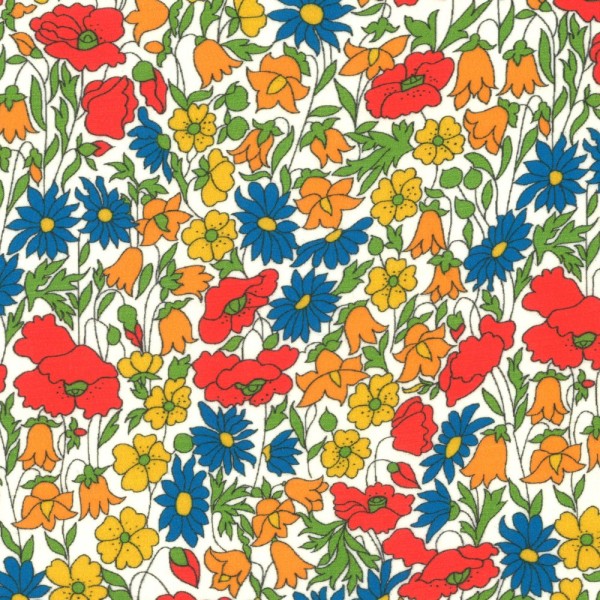 Tissu Liberty of london - poppy daisy - fleur bleu / jaune / orange - coton - 10cm / laize - Photo n°1