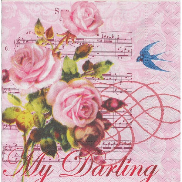 4 Serviettes en papier Fleur Rose Musique Hirondelle Format Lunch Decoupage 21427 Paper+Design - Photo n°1