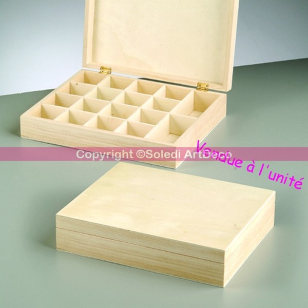 Coffret à rangement en bois avec 18 petits compartiments, Boite MDF 25x20x5,5 cm, à customiser - Photo n°1