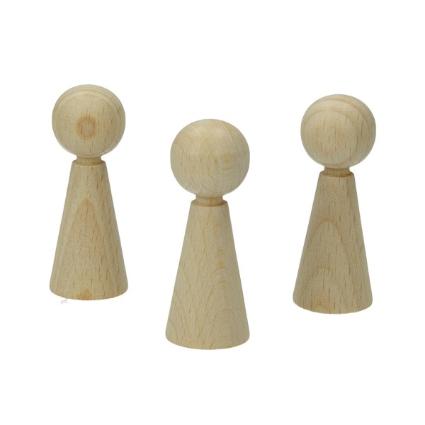 Lot de 3 cônes avec boule en bois de hêtre blanchi, Pion plein de 6 cm de haut, Poupée Base 2,3 cm, - Photo n°1
