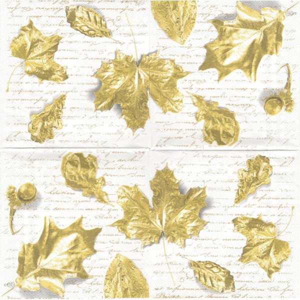 4 Serviettes en papier Feuilles dorées écriture Format Lunch Decoupage Decopatch L-534499 IHR - Photo n°1