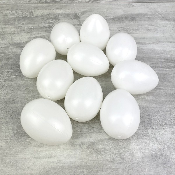 Lot de 10 Oeufs en plastique blanc, haut. 8 cm, avec trou de suspension, non séparables, à décorer - Photo n°1