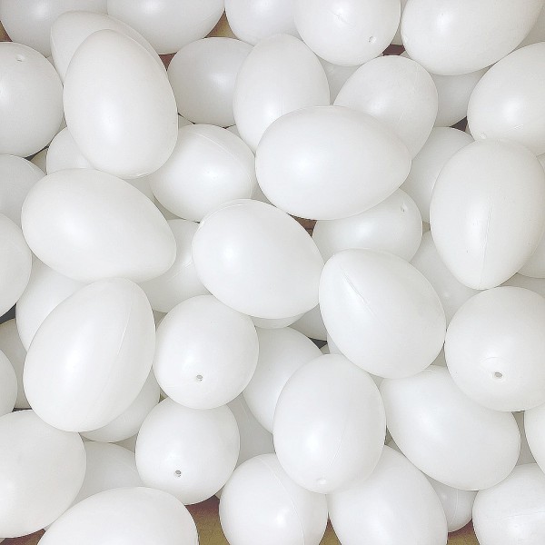 Lot 25 Oeufs en plastique blanc, haut. 8 cm, avec trou de suspension, non séparables, à décorer - Photo n°1