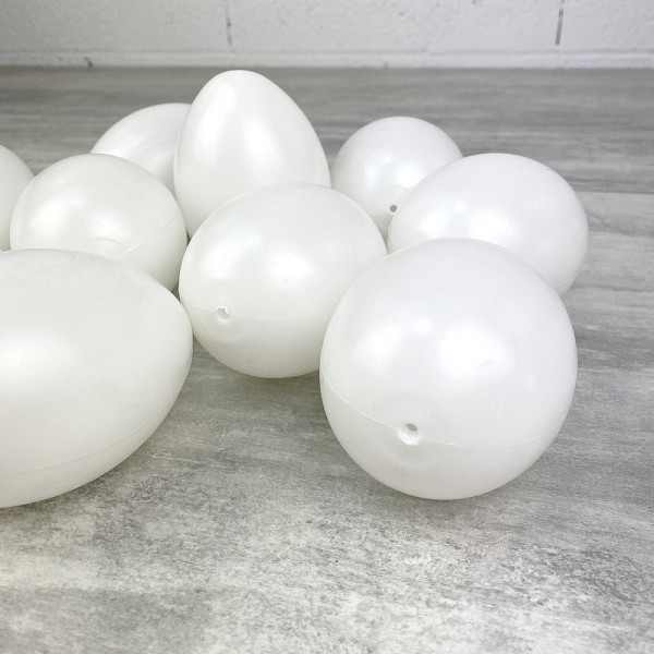 Lot de 10 Oeufs en plastique blanc, haut. 10 cm, avec trou de suspension, non séparables, à décorer - Photo n°2