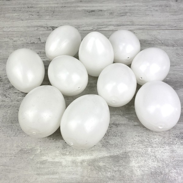 Lot de 10 Oeufs en plastique blanc, haut. 10 cm, avec trou de suspension, non séparables, à décorer - Photo n°1