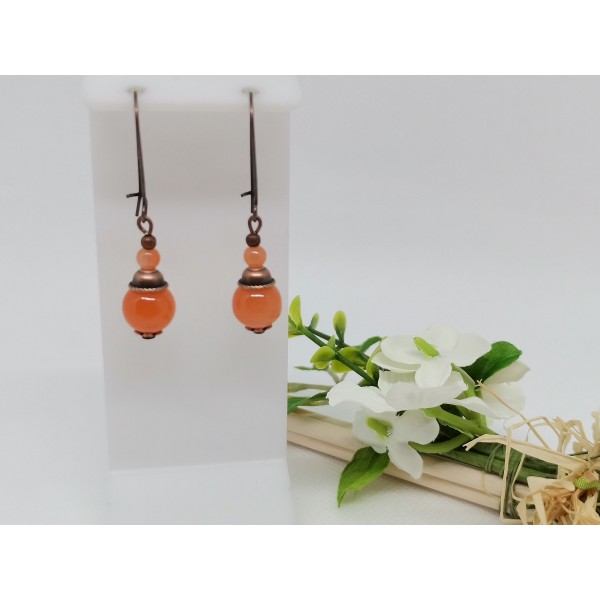 Kit de boucles d'oreilles perles imitation jade orange - Photo n°1