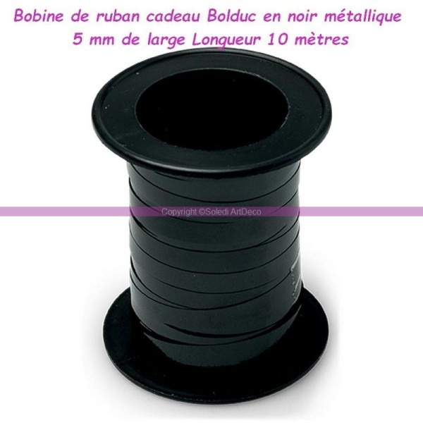 Bobine de ruban cadeau Bolduc en noir métallique de 5mm de large, Longueur 10mètres - Photo n°1