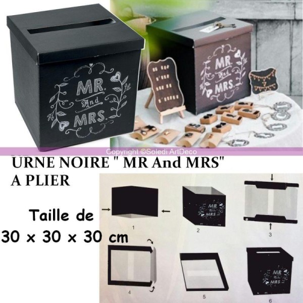 Urne Carrée en carton noir et impression Craie MR And MRS, 30 x 30 x 30 cm à dé - Photo n°1