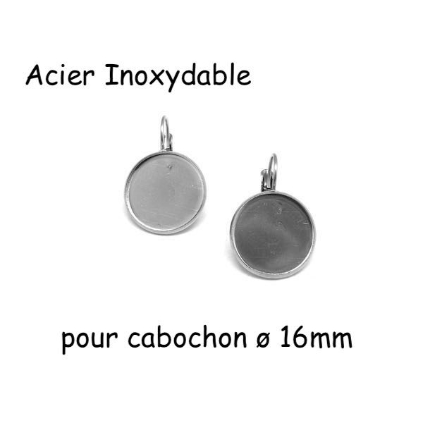 Support Boucles D'oreilles Dormeuse Argenté Pour Cabochon De 16mm En Acier Inoxydable - 1 Paire - Photo n°1