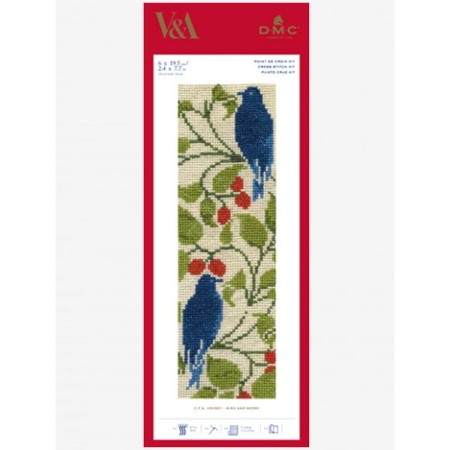 Kit broderie Marque-Page - Baies rouges - Oiseaux - 19,5 x 6 cm