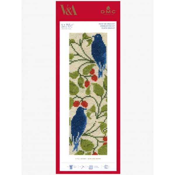 Kit broderie Marque-Page - Baies rouges & Oiseaux - 19,5 x 6 cm - Photo n°1