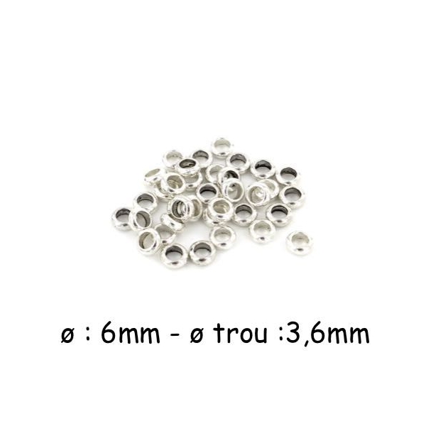 50 Perles Rondelle À Gros Trou 3,6mm Argenté En Métal - Photo n°1