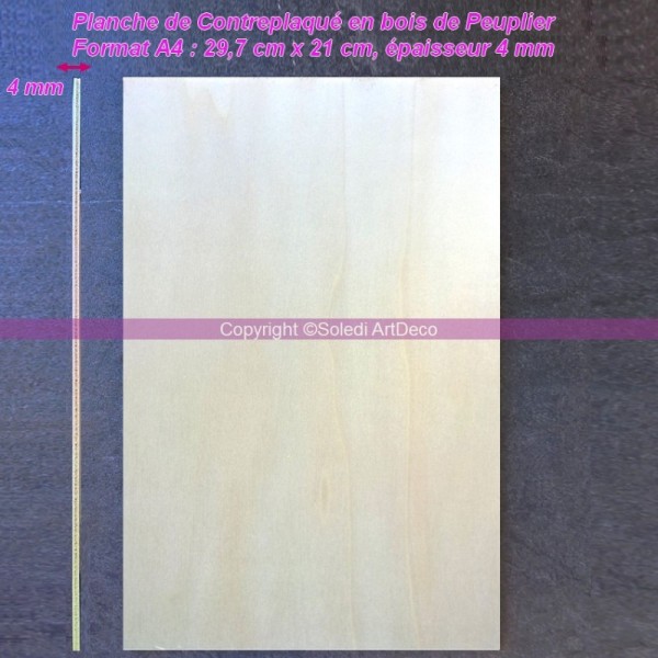 Planche de Contreplaqué en bois de Peuplier, Format A4, Plaque Epais. 4mm - Photo n°1