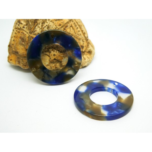 2 Pendentifs ronds 26mm bleu / marron acétate de cellulose - Photo n°1