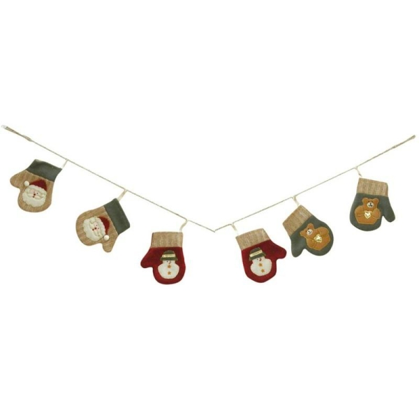 Guirlande de 6 Moufles décoratives en feutrine et coton aux couleurs de Noël, Longueur 9 - Photo n°1