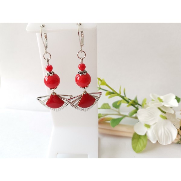 Kit boucles d'oreilles pendentif éventail et perles rouges - Photo n°1