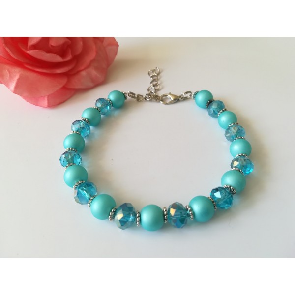 Kit bracelet perles en verre ton bleu turquoise et apprêts argent mat - Photo n°2