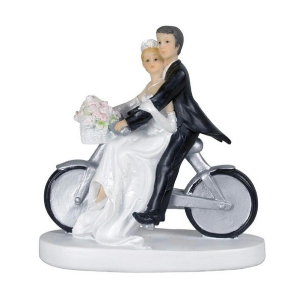Couple de mariés à Vélo en résine déco mariage, Épouse à l'avant de la bicyclette, 11,5x13cm - Photo n°1