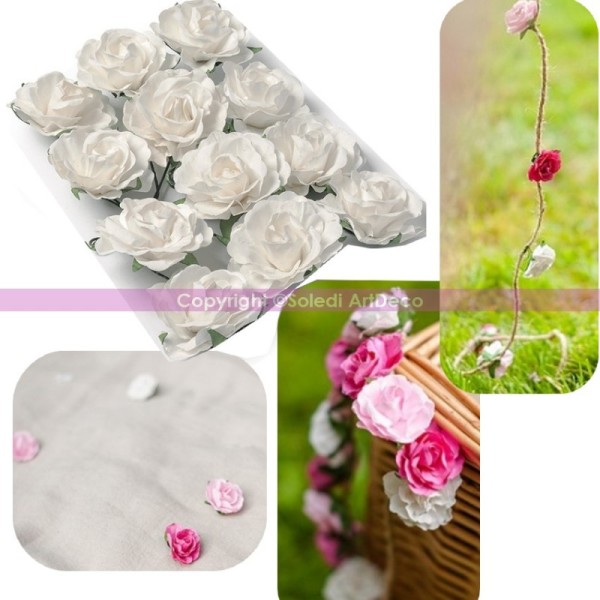 Lot de 12 Têtes de Rose Blanches, Bouton de rose de 35 mm à piquer - Photo n°2