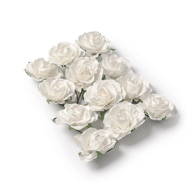 Lot de 12 Têtes de Rose Blanches, Bouton de rose de 35 mm à piquer - Photo n°1