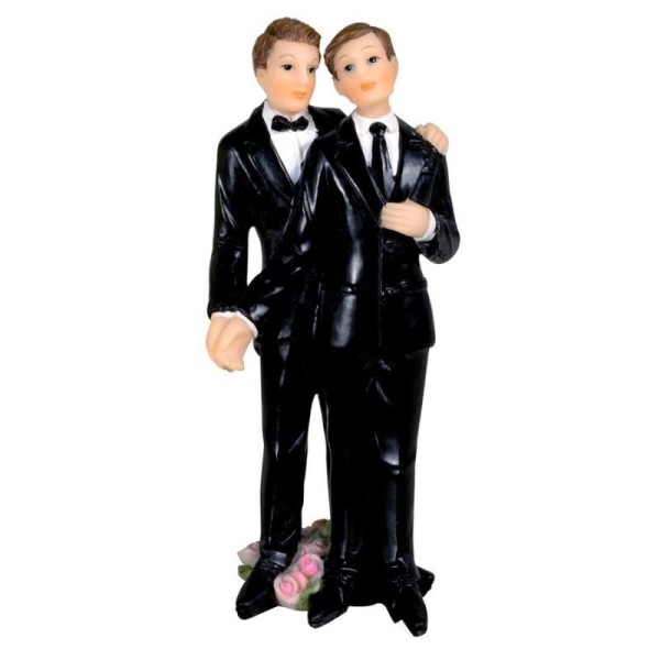 Couple de Mariés Hommes en résine sur tapis de roses, Figurine masculine de mariage haut. 10,5cm - Photo n°1