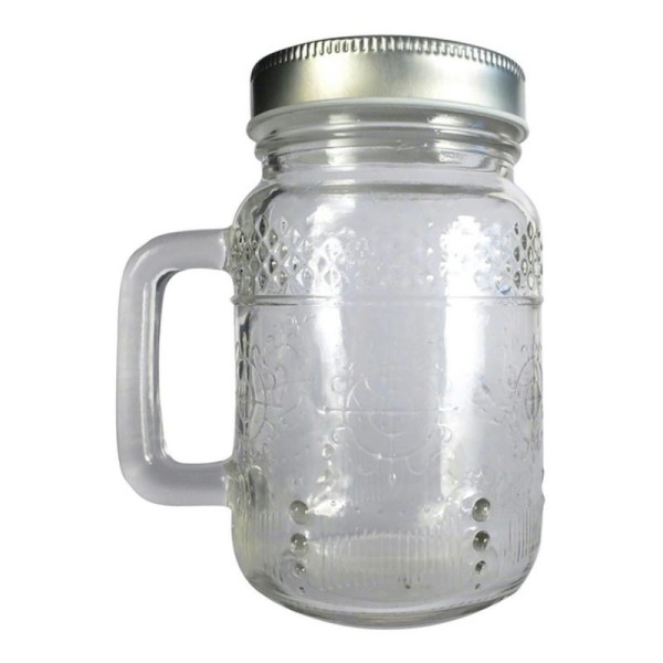 Mug en verre avec anse 8x13cm, Choppe Couvercle métal argenté, Mason Jar 37 cl - Photo n°1